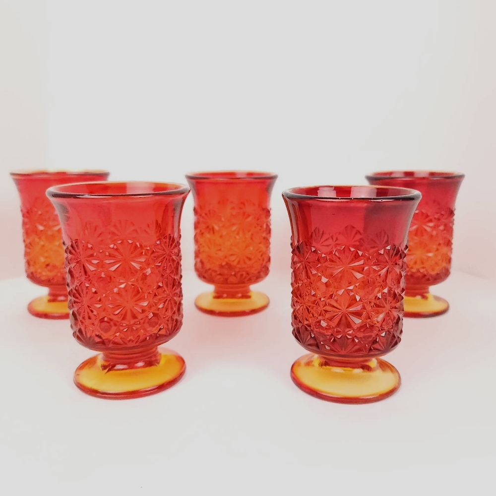 Amberina Daisy Button Glasses Set Of 5 Red Orange Art Glass 3.75 " Tall Vintage